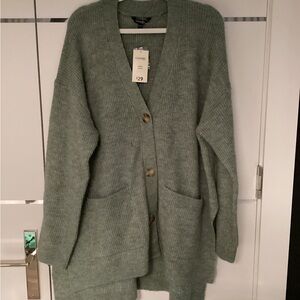 George Sage Green Ribbed Button-Front Cardigan with Patch Pockets